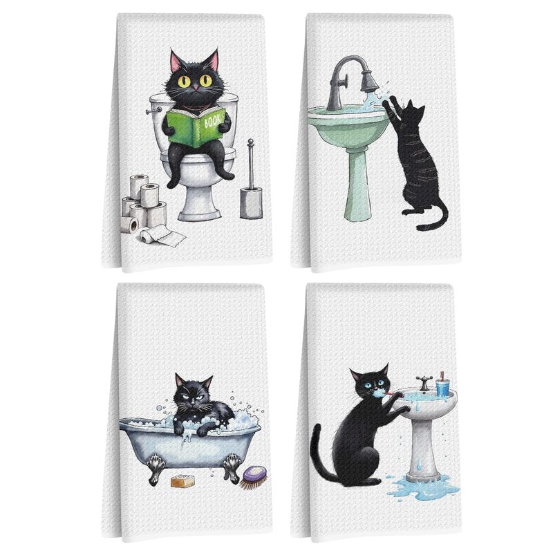 Hanamiya Na 4 Pcs Funny Cat Hand Towel for Bathroom 24x14 Inch, Funny Absorbent Microfiber Dish Cloth Towel, Waffle Weave Hand Towels for Toilet Home Cats Bathroom Decor, Cat Lover Gifts