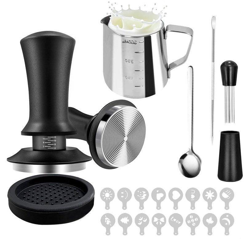 Spalivivre 22 Pcs Espresso Distribution Tool, Espresso Tamper 51mm, Include WDT Tool, Coffee Stirrer, Frothing Pitcher, Latte Art Pen, Tamper Mat and 16 Coffee Stencils, for Baristas and Coffee Lovers