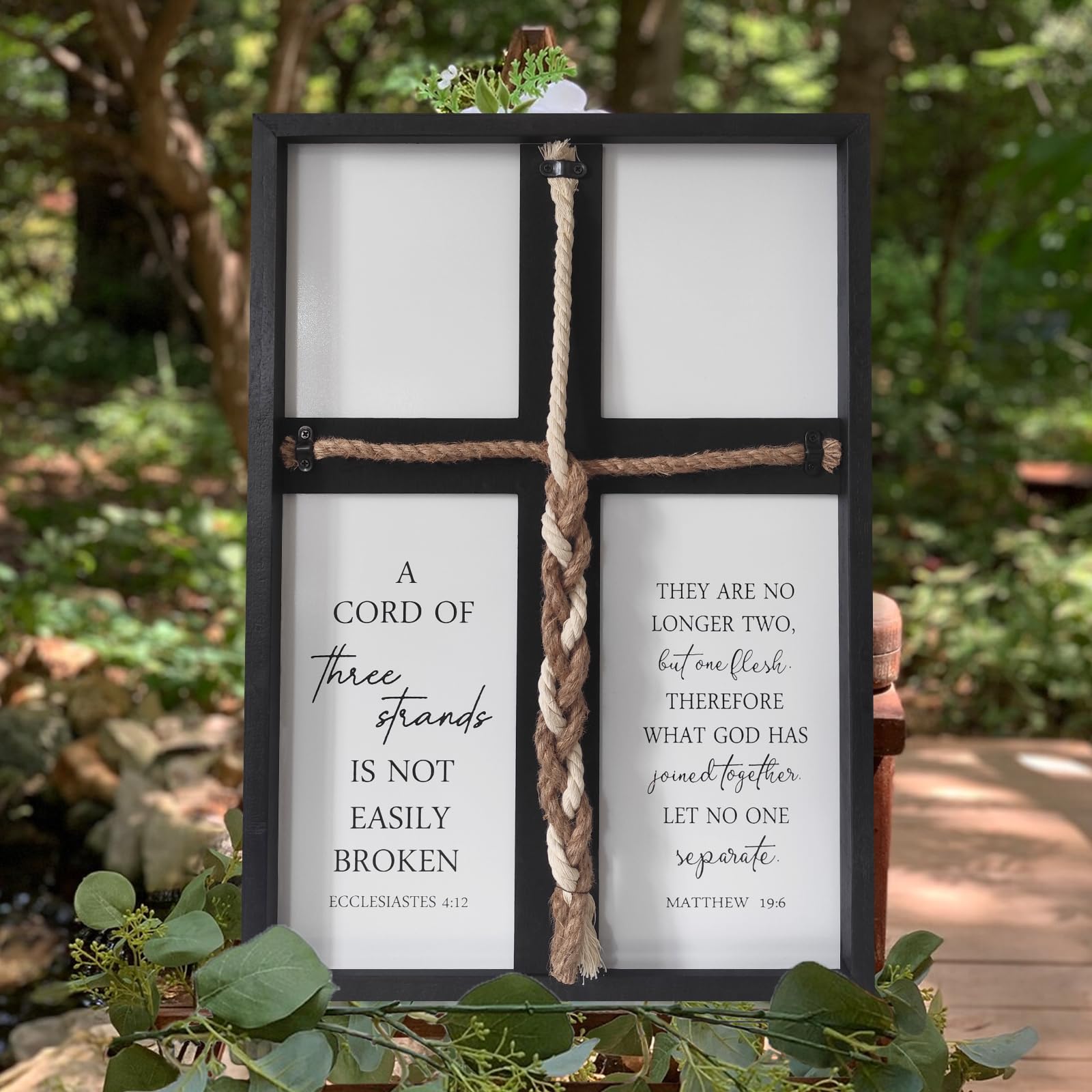 Surfapans A Cord of Three Strands Wedding Ceremony Wall Decor 22"X16" Sand Unity Knot Braid Art Cross Rope Sign Ecclesiastes 4:12 for Couple Anniversary Christian Marriage (Black)
