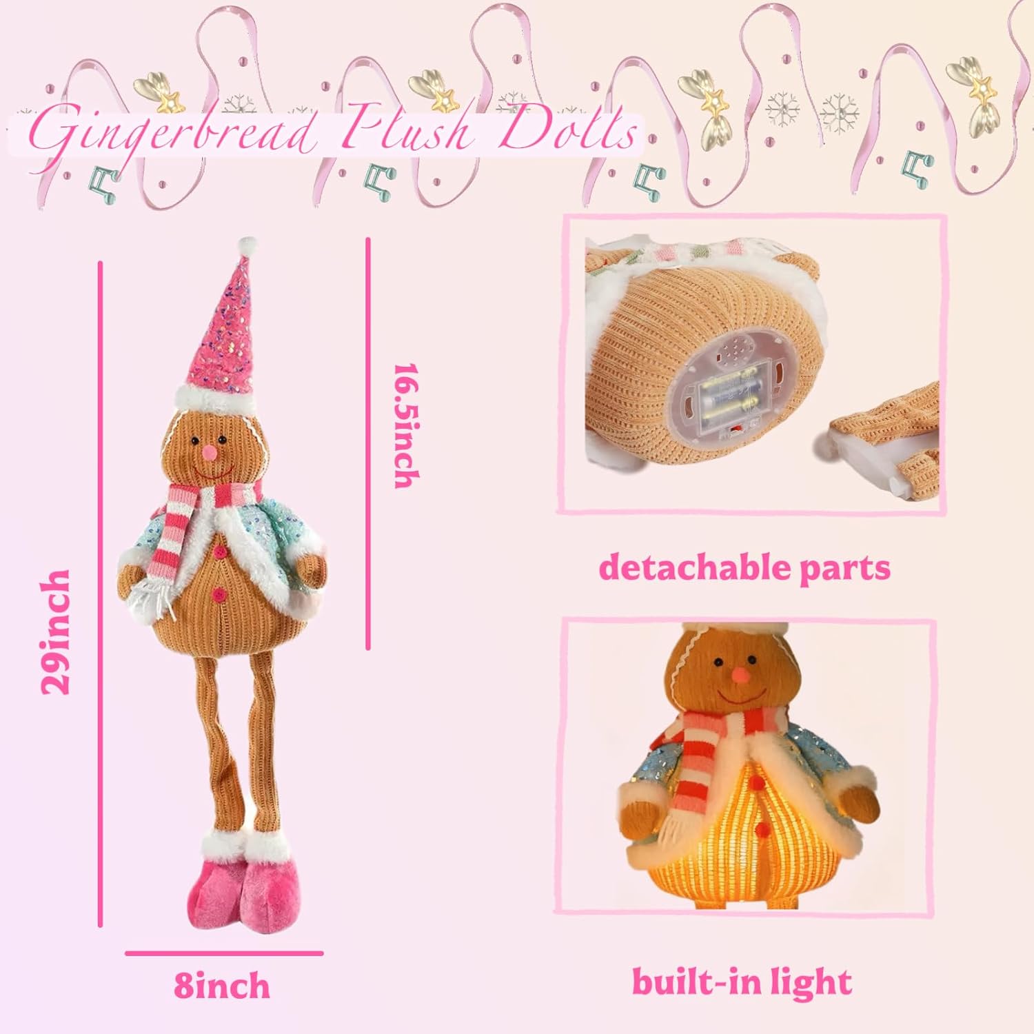 Skiennix 2-Piece Gingerbread Christmas Decorations Set - 29" Lighted Indoor Gingerbread Man Figurines | Pastel Candy Cane Decor for Kids' Christmas Village Display