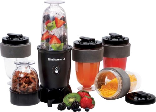 Elite Gourmet 17-Piece Personal Drink Mixer Blender - 16 Oz Capacity with Chopping Blade & Lids