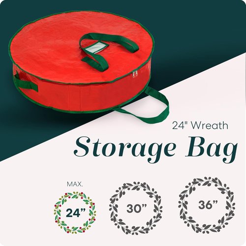 Handy Laundry Wreath Storage Bag - 24 Inch Durable Tarp Container with Zipper & Sturdy Handles, Red
