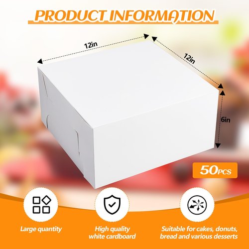 Ireer 50 Pack 12 x 12 x 6 Inch White Cake Boxes Cardboard Bakery Boxes for Pie Pastry Cookie