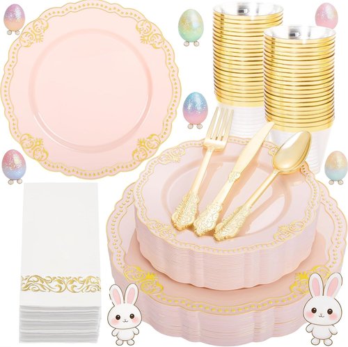 Ciaell 175 PCS Pink and Gold Plastic Plates - Fancy Gold Disposable Dinnerware Set with of 50 Plates, 25 Knives, 25 Forks, 25 Spoons, 25 Cups, 25 Napkins for Party & Weddings & Easter
