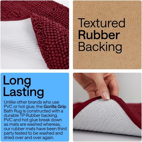 GORILLA GRIP Plush Bath Rug Mat - Absorbent Shaggy Chenille for Oval Toilet Base | Burgundy, Machine Washable