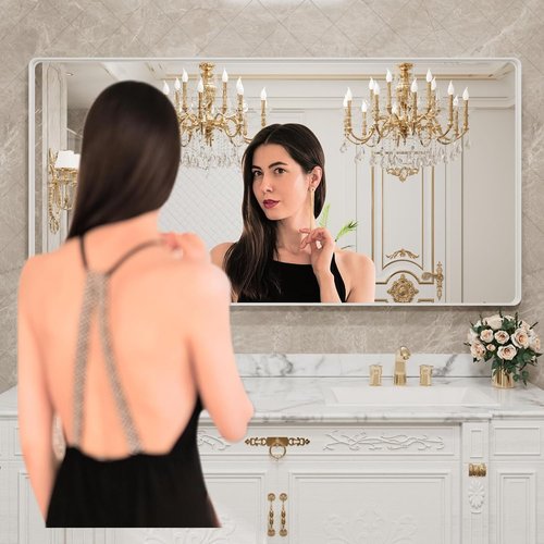 LOAAO Bathroom Mirror - 72x32 Inch White Metal Framed, Large Rounded Rectangle, Anti-Rust Tempered Glass | Versatile Wall Hanging