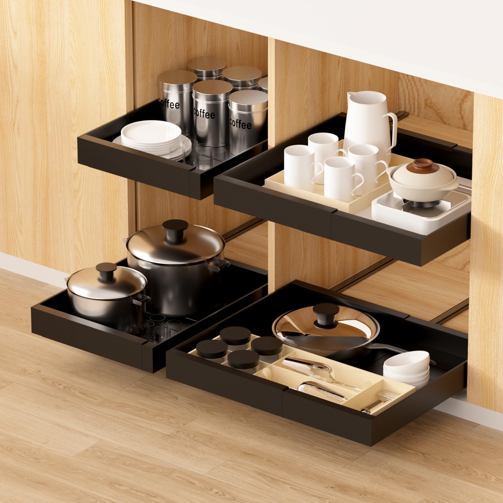 Melovinho 2 Pack Expandable Pull Out Kitchen Cabinet Organizer,Adhesive No Drilling Slide Out Drawers for Kitchen Base Cabinet,Shelves,PantryStorage, Adjustable Width Cabinets Drawers 12.4"-20.4"