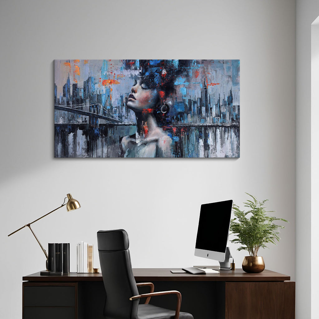 Navy Blue Abstract Wall Art Woman Picture for Living Room Modern Home Bedroom Decoration New York City Framed Cityscape Artwork Decor 20x40IN