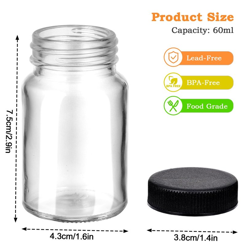10 Pcs Glass Shot Bottles with Caps, 2oz Ginger Shots Bottles, Reusable Thick Mini Juice Shot Bottle with Label, Small Bottle, Wide Mouth Small Glass Jars with Lids for Oil Sauce (Black Lid)