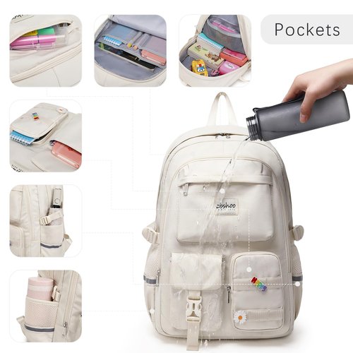 abshoo Large School Backpack with Lunch Bag Teen Girls School Bookbag 3PCS Student Backpacks Set Travel Daypack (Beige)