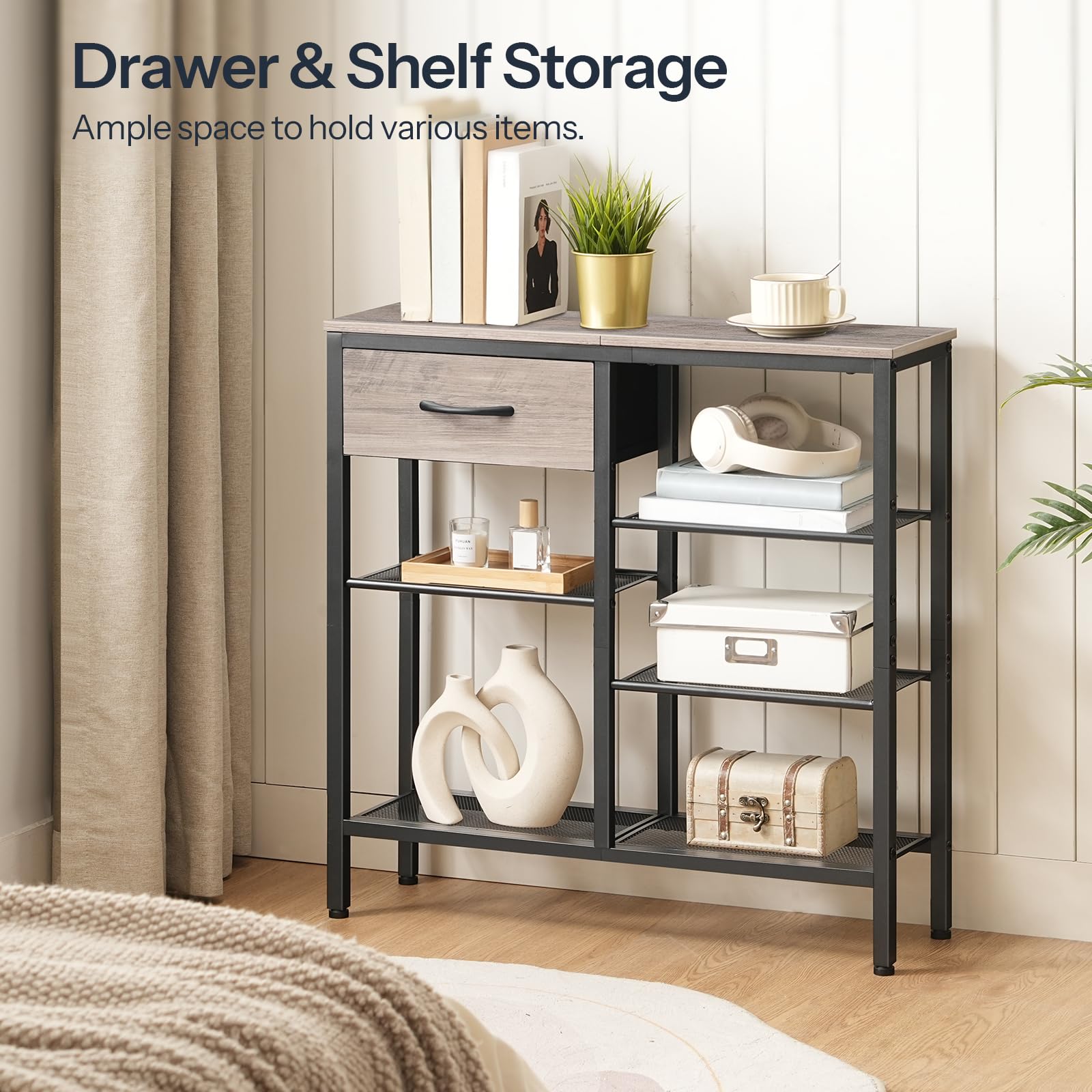 HOOBRO 29.5'' Narrow Console Sofa Table, Entryway Table with Drawer and 5-Tier Storage Shelves, Display Shelf, for Living Room, Bedroom, Hallway, Foyer, Greige and Black BG70XG01