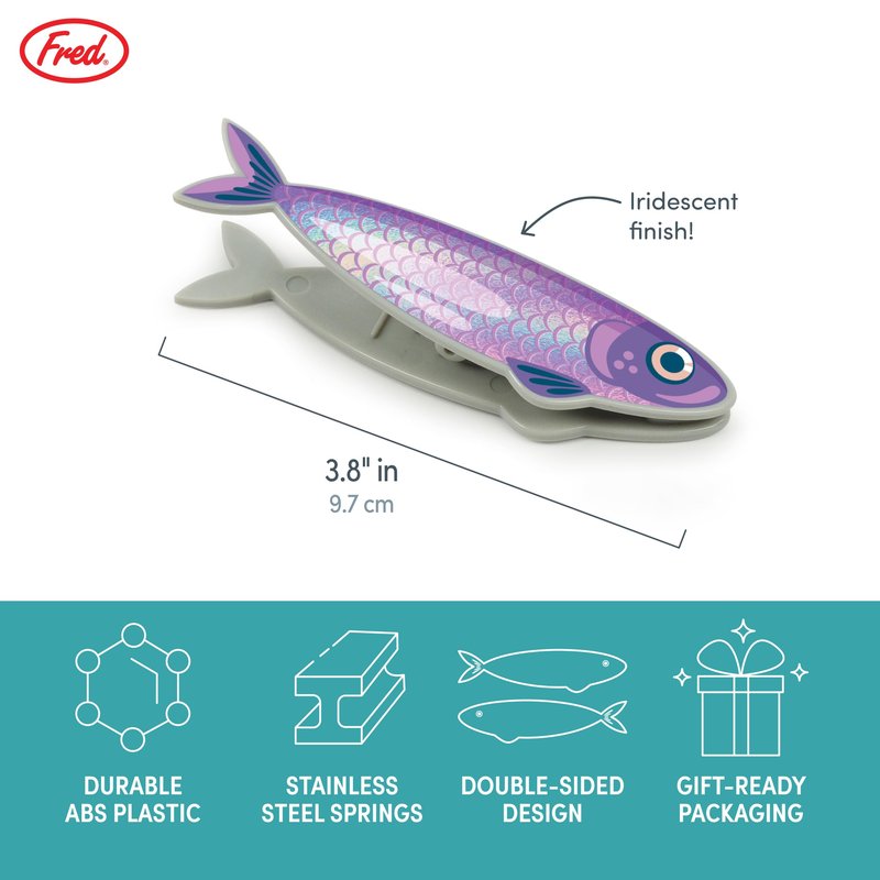 Genuine Fred FISH 'N CLIPS Sardine Bag Clips, Set of 4 Food Storage Clips, Iridescent Finish, Double-Sided, Durable Plastic and Stainless Steel Springs, Fun Kitchen Accessories and Great Gift