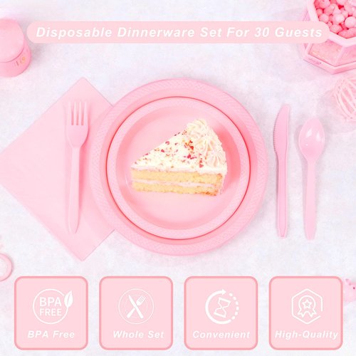 WELLIFE 210 PCS Pink Plastic Plates for 30 Guests - Disposable Dinnerware Set Including Dinner Plates, Dessert Plates, 12oz Cups, Cutlery & Napkins, Pink Party Plates