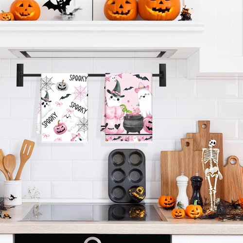 InIsaJace Pink Halloween Kitchen Dish Towels, 4PCS Pumpkin Cute Ghost Boo Hand Tea Towels Set, Spooky Halloween Kitchen Bathroom Holiday Decor Supplies