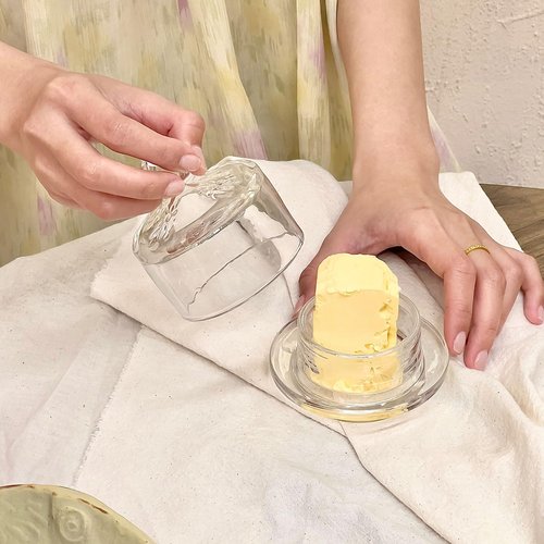 2 Pack Clear Glass Butter Dish with Lid for Countertop, 3.4" Small Round Glass Butter Dish with Cover for Refrigerator, Cute Crystal Butter Holder Tray
