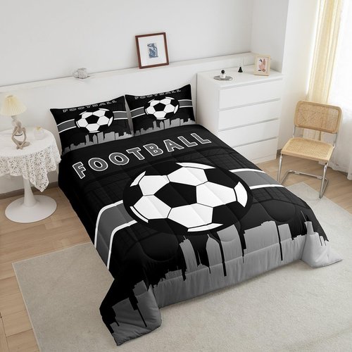 Erosebridal Little Boys Bedding Sets Twin Soccer Football Comforter Set for Toddler Kids, Sports Gamer Duvet Insert Video Game Gaming Bedding Comforters & Sets, Black Grey