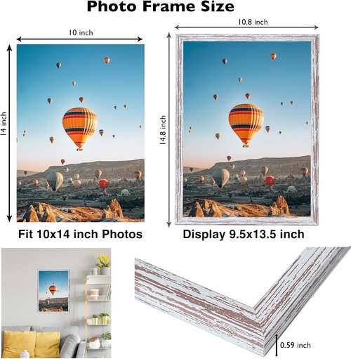 JCJMY Picture Frame - 10x14 Inch for Horizontal & Vertical Display | Rustic White with Shatter-Resistant Plexiglass