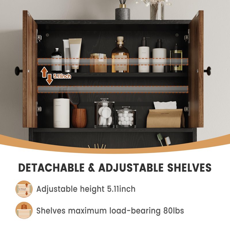 LuyFuitre Bathroom Wall Cabinets, Medicine Cabinet with Open Partition and Towel Bar for Bathroom, Living Room, Kitchen, Black & Walnut