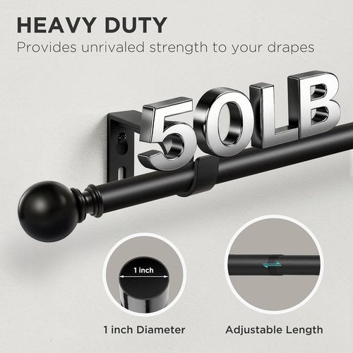 Joydeco Black Curtain Rods - Heavy Duty Adjustable Design for Windows 32-120 Inches | 1 Inch Diameter