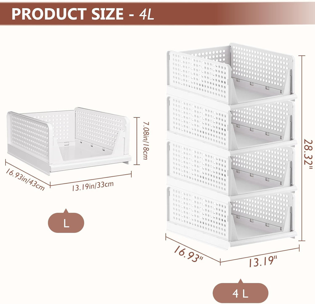 Skiennix Folding Closet Organizers - Stackable Storage Bins for Wardrobe & Office | White - 4 Pack