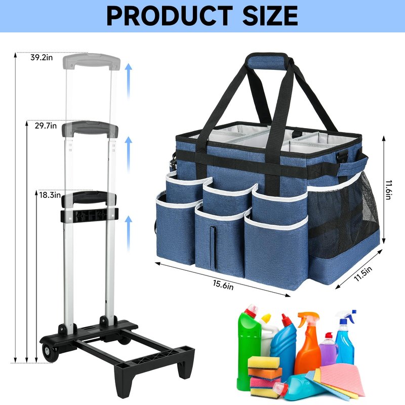 ZIOZERTT Large Rolling Cleaning Caddy Bag with Detachable Trolley,Cleaning Cart on Wheels with Shoulder Strap,Cleaning Supplies Organizer for Housekeepers,Blue