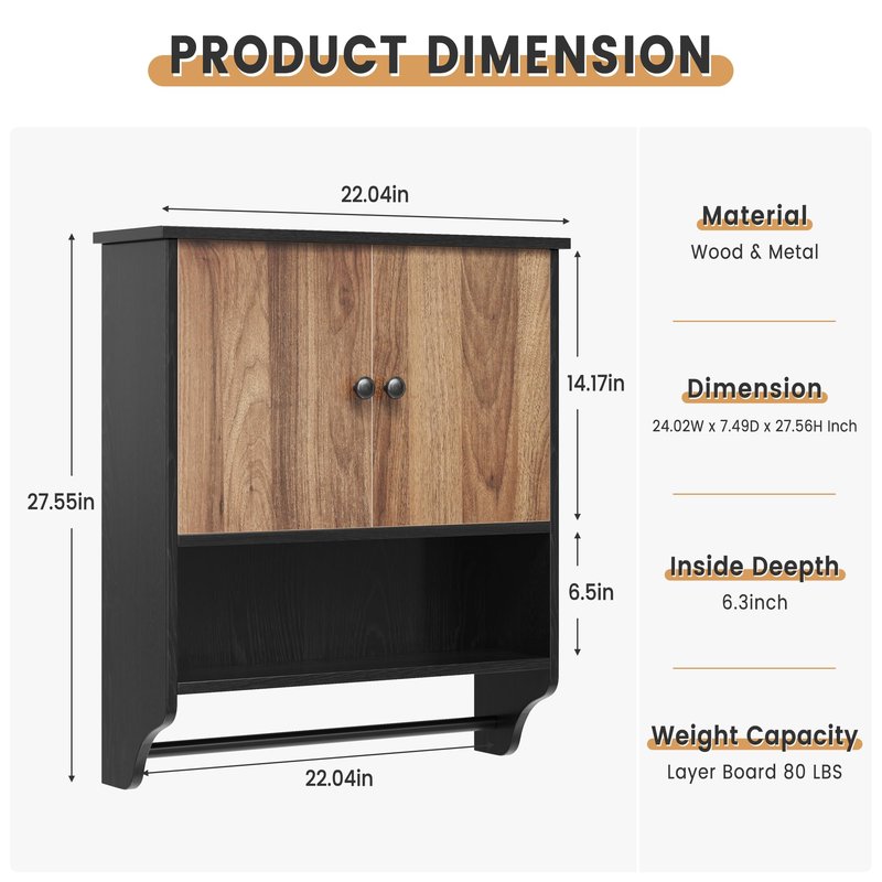 LuyFuitre Bathroom Wall Cabinets, Medicine Cabinet with Open Partition and Towel Bar for Bathroom, Living Room, Kitchen, Black & Walnut