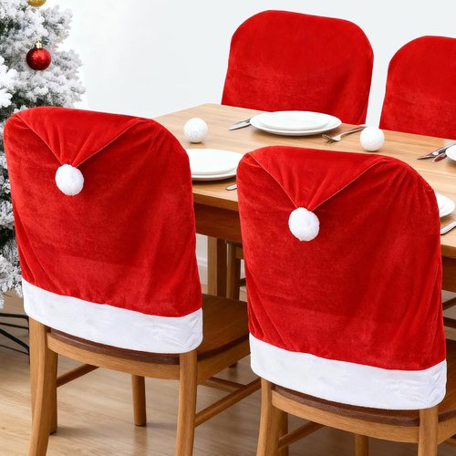 Hongsome Christmas Chair Back Covers - Set of 4 Cute Santa Hat Designs for Holiday Dining Decor