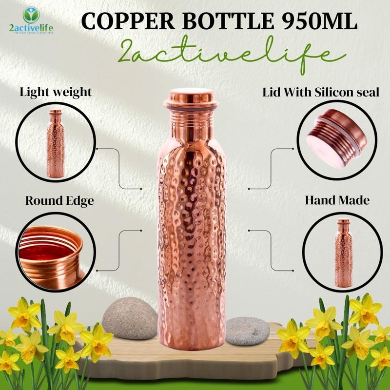 2activelife Hammered Design Pure Copper Water Bottle Seamless Leakproof Water Bottle For Home, Office, Hotel, Travelling and Gifting Drink More Water and Immediately Reap the Health - 33.81 Fl Oz