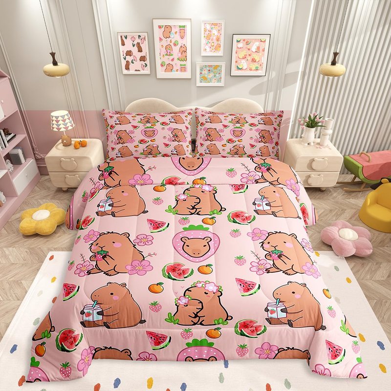 Capybara Lover Bedding Set, Capybaras Decor Comforter Set Twin For Kids Girls Bedroom, Cartoon Rodent Animals Quilted Duvet Capybara Decorations Watermelon Strawberry Duvet Insert Kawaii Decor, Pink