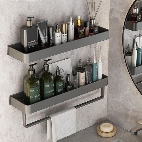 kaileyouxiangongsi Wall Mounted Bathroom Shelves, 2-Tier Floating Shelf with Removable Hooks, Bathroom Wall Organizer(Gray)