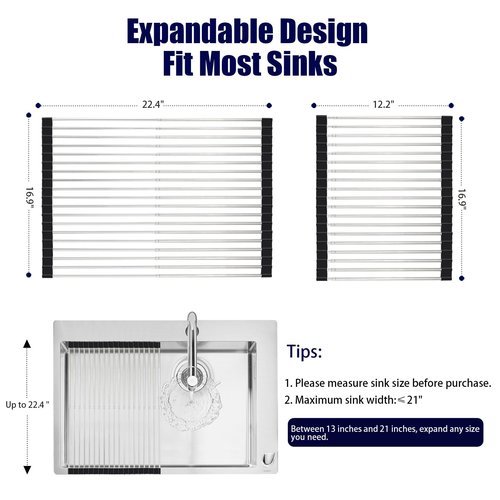 CLNGAI Roll Up Dish Drying Rack, Expandable Over The Sink Dish Drainer,Stainless Steel Kitchen Rolling Sink Rack Space Saving Dish Mat, Length Up to 22.3" (Black, Large Expandable)