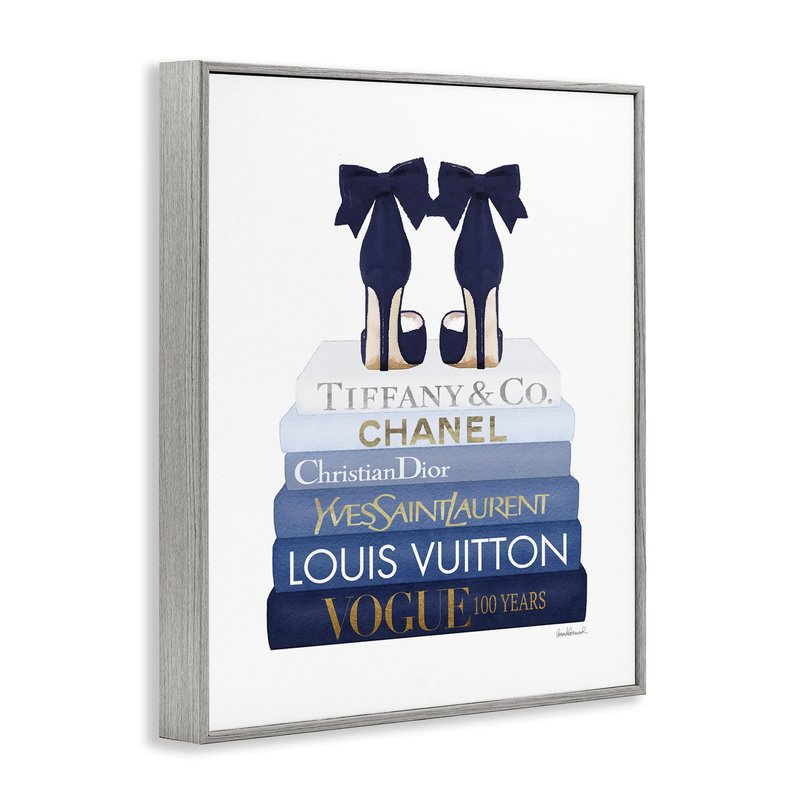 Stupell Industries 'Navy Blue Heels Chic Bookstack', Framed Giclee Art, Gray, 16 x 20 Inches, Easy to Hang and Sturdy, Made in USA, by Amanda Greenwood
