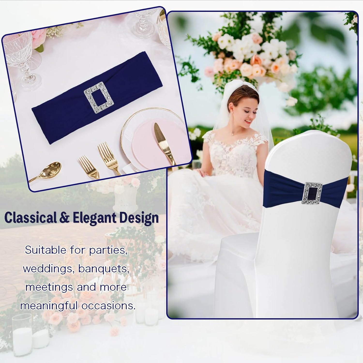 Skiennix Spandex Stretch Chair Sashes - 100 Pack Elastic Covers with Buckle Slider for Weddings & Events | Navy Blue