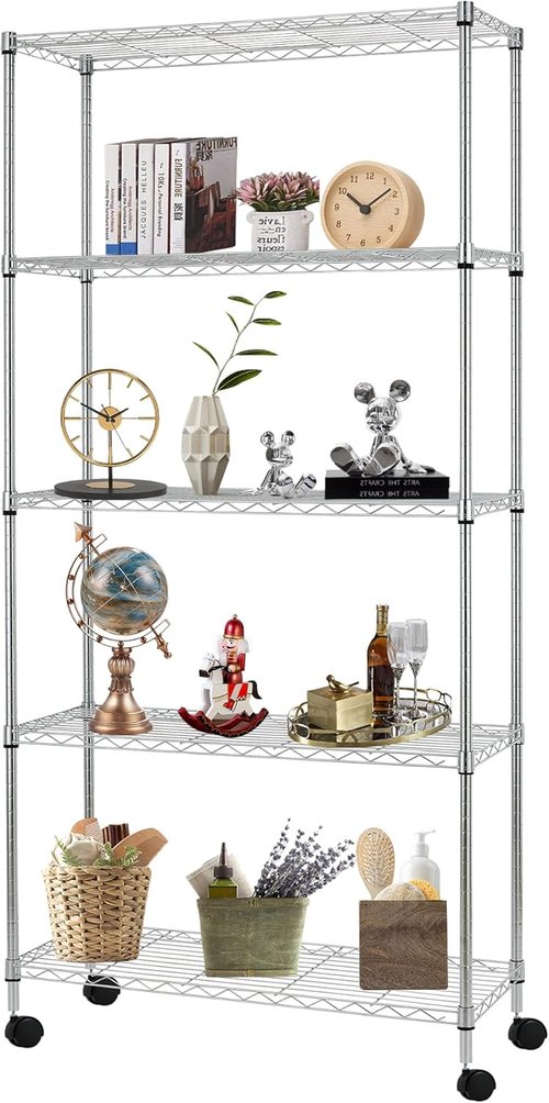 FDW 5-Tier Wire Storage Shelves - Heavy-Duty Metal Racks with Wheels | Adjustable Chrome Design | 30"x14"x61" | Tool-Free Assembly, Rust-Resistant | Ideal for Home & Garage Use