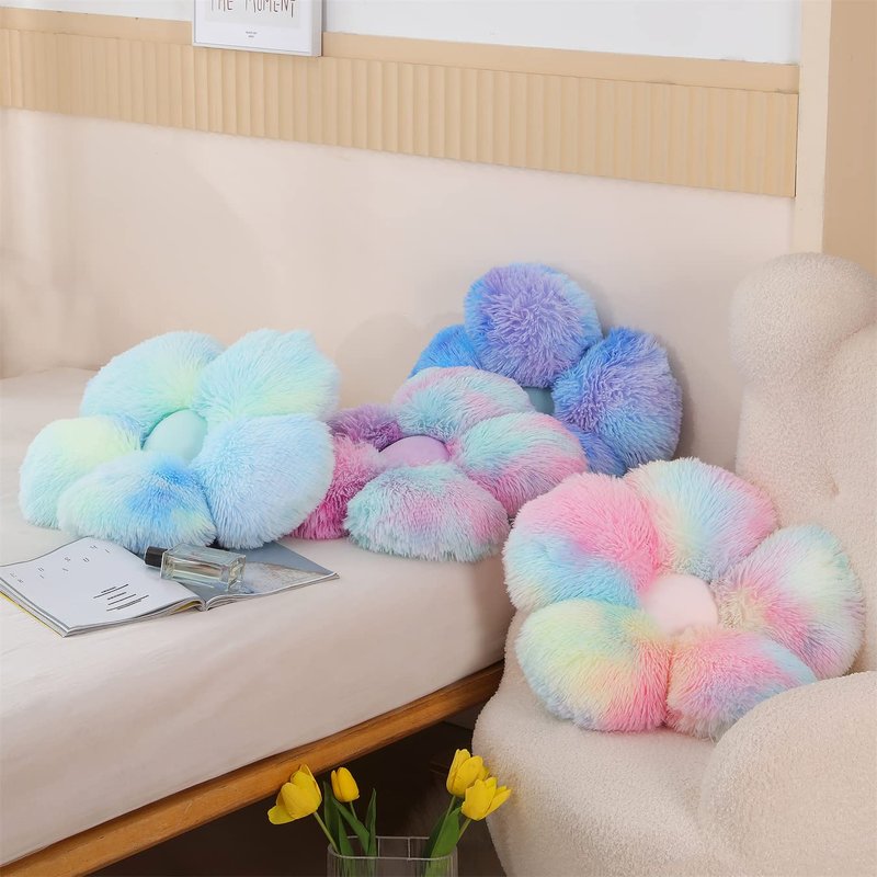 UGEYAO Faux Fur Pillow,Flower Shaped Throw Pillow Butt Cushion Flower Floor Pillow,Seating Cushion,Cute Room Decor & Plush Pillow for Bedroom Sofa Chair (19.7 Inches, Rainbow Pink)