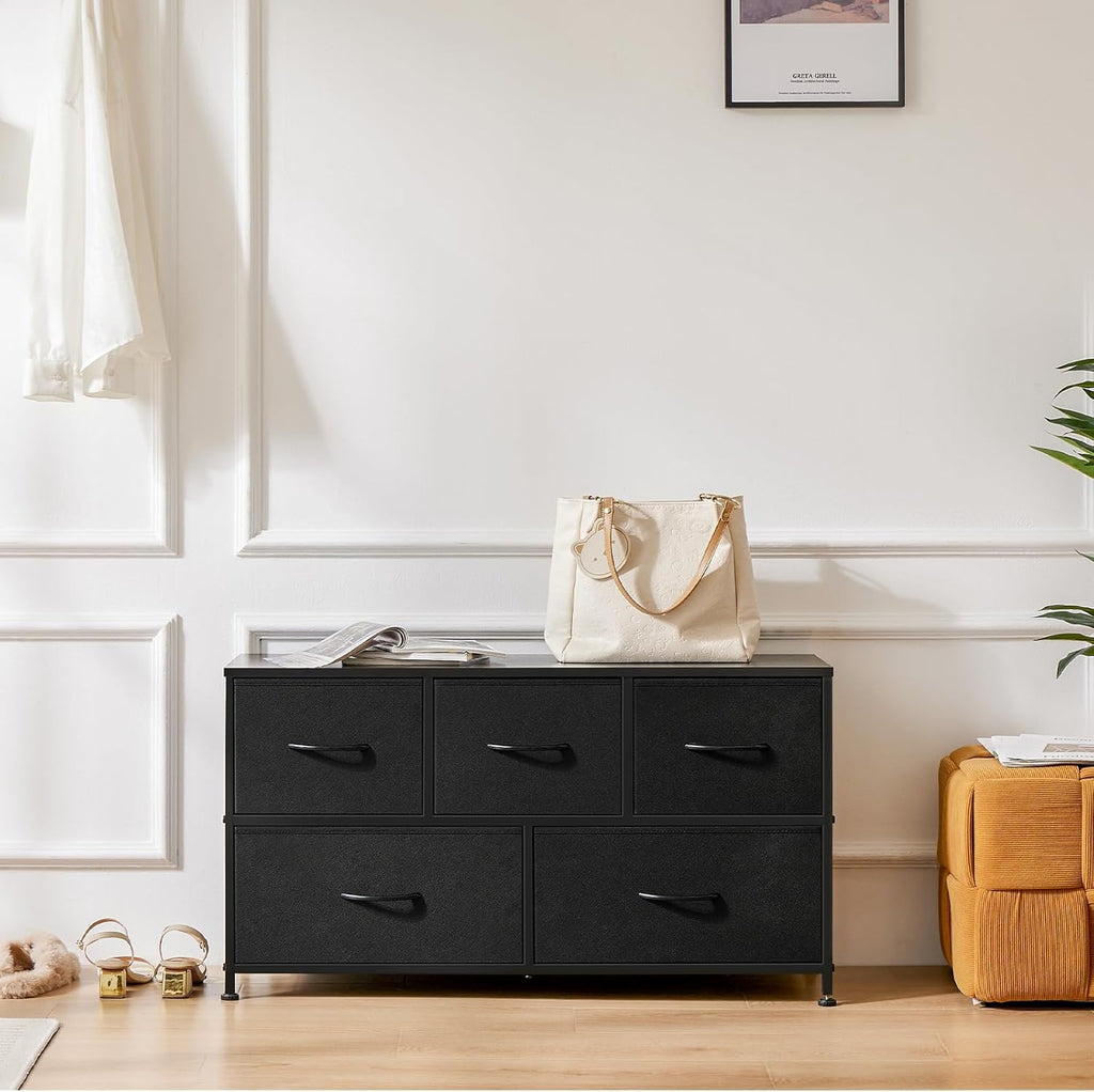 OLIXIS 5-Drawer Dresser - Sturdy Fabric Storage Tower with Wooden Top & Easy-Pull Bins for Bedroom & Living Room