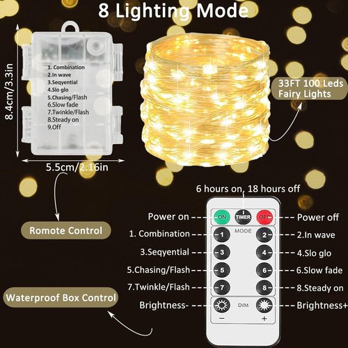 Beieverluck 100 LED Fairy Lights - 33FT Waterproof String Lights with Remote & Timer | Warm White, 16 Pack for Indoor & Outdoor Decor
