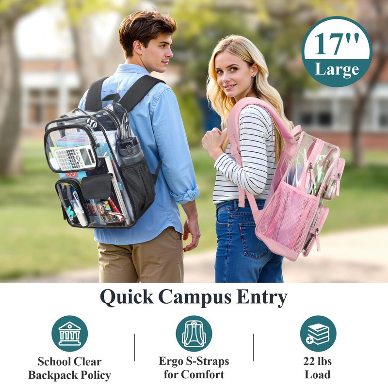 PACKISM Clear Backpack for School Work - 17 inch Heavy Duty Clear Bookbag with Reinforced Bottom, Transparent PVC See Through Security Backpacks for Students with 3 Front Pockets,Purple (Age 12+)