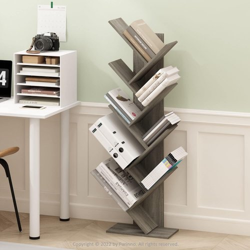 Furinno Tree Bookshelf - 9-Tier Angled Open Bookcase | French Oak, 8.4 x 15.7 x 50.9 Inches