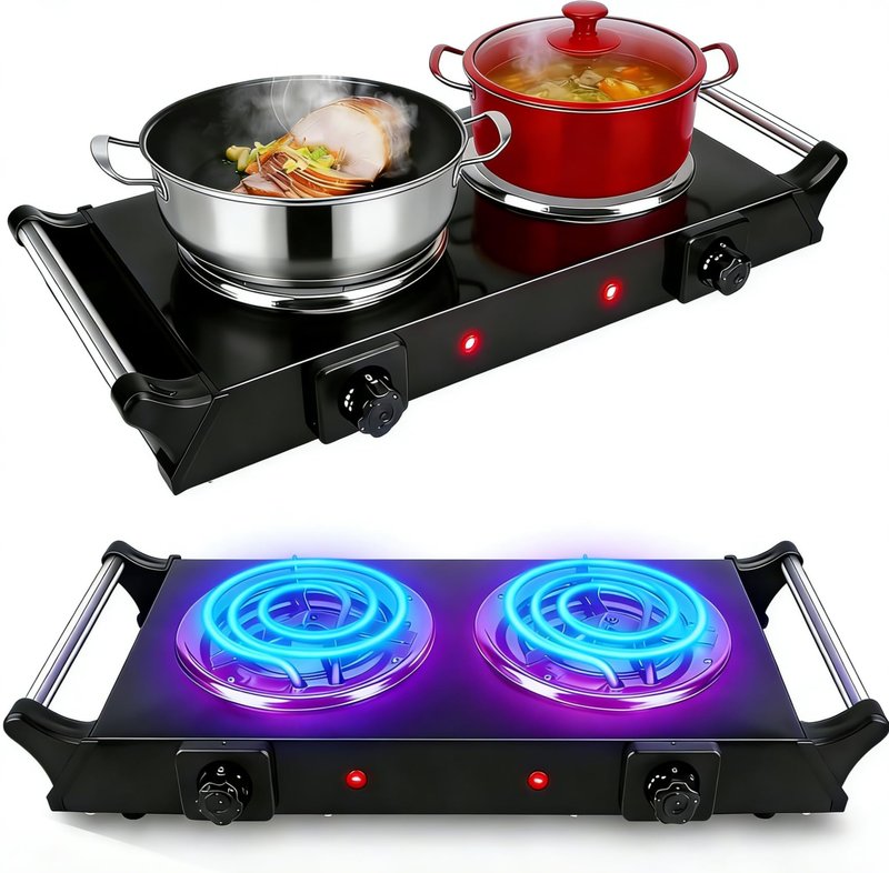 Zorpupoa Electric Hot Plate, 2000W Countertop Double Burner with Adjustable Temperature & Handles, Stainless Steel Coil Electric Stove for Cooking Cooktop for Home Kitchen Dorm RV Camp, Black, Small