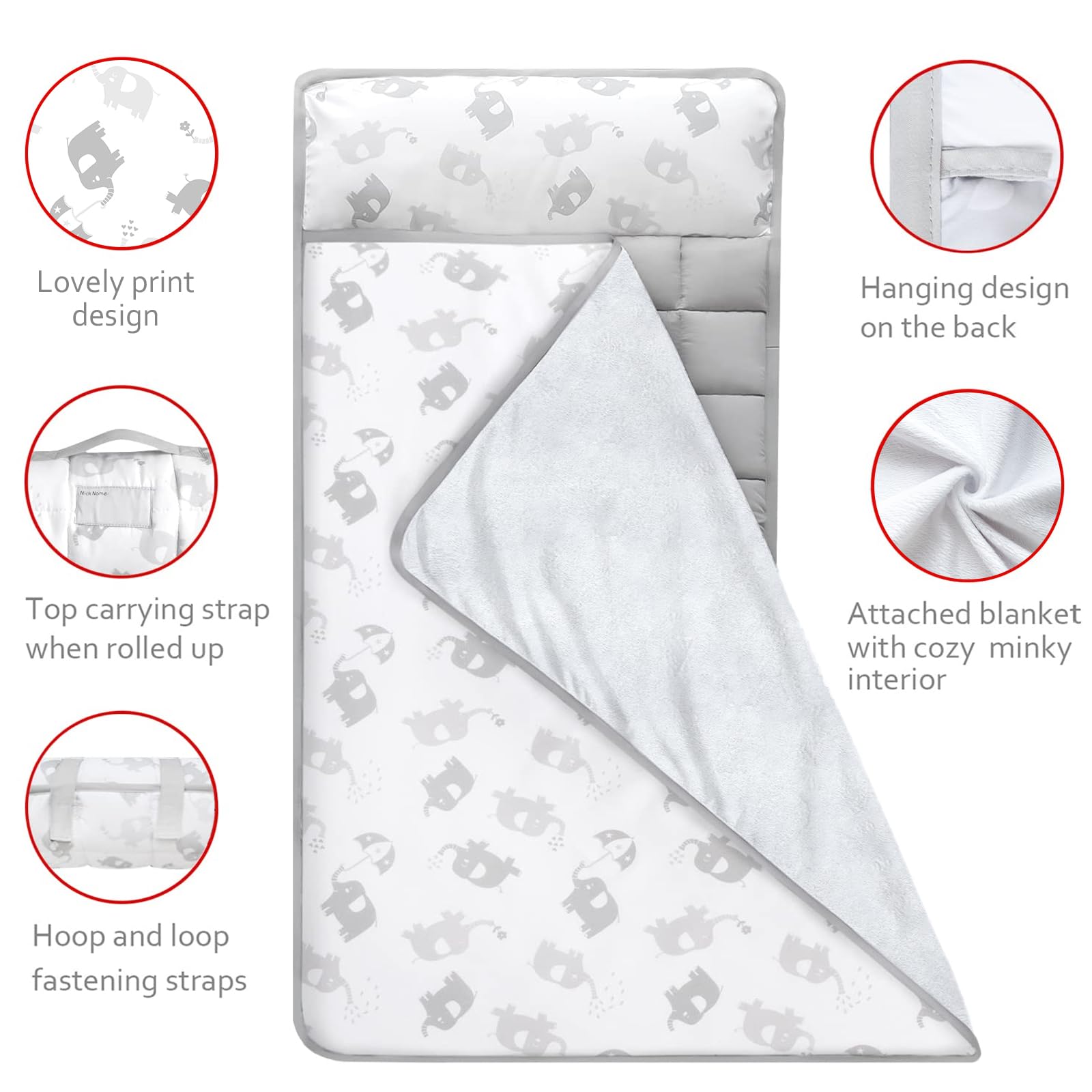 Moonsea Toddler Nap Mat with Fleece Minky Blanket, Lightweight, Soft Perfect for Kids Preschool, Daycare, Travel Sleeping Bag Boys and Girls, 21" x 50" Fit Standard Cot, Grey Elephant