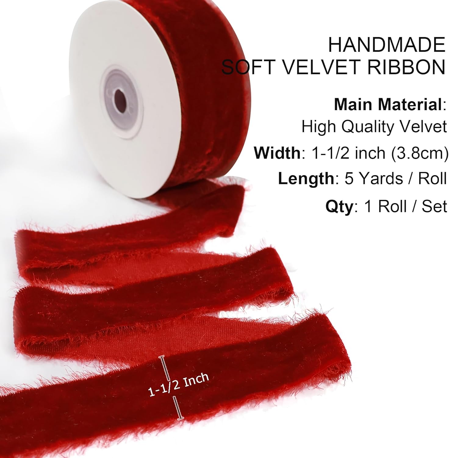 Red Velvet Ribbon - 1.5 Inch Handmade Silk Fabric for Gift Wrapping, Bouquets & Hair Bows | 5 Yards