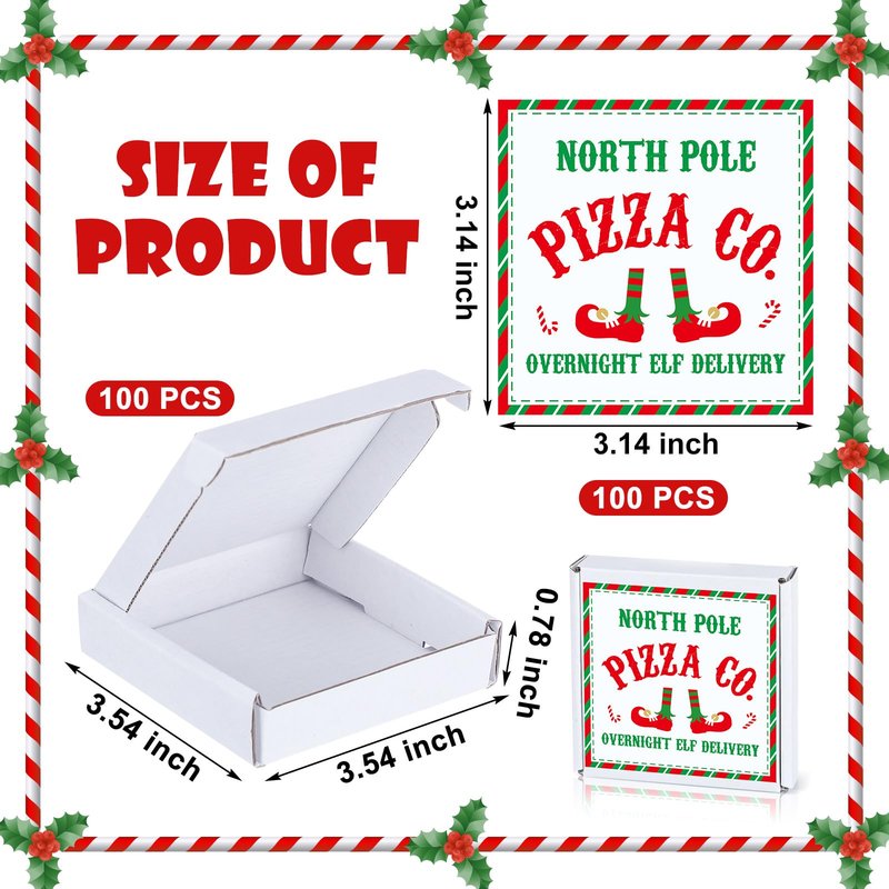 Tioncy 100 Pcs 3.54 x 3.54 x 0.78 Inch Mini Pizza Box with Elf Stickers - Square Flat Cardboard Cookie Pizza Box for Christmas, Birthday Party Favors, Valentines Day