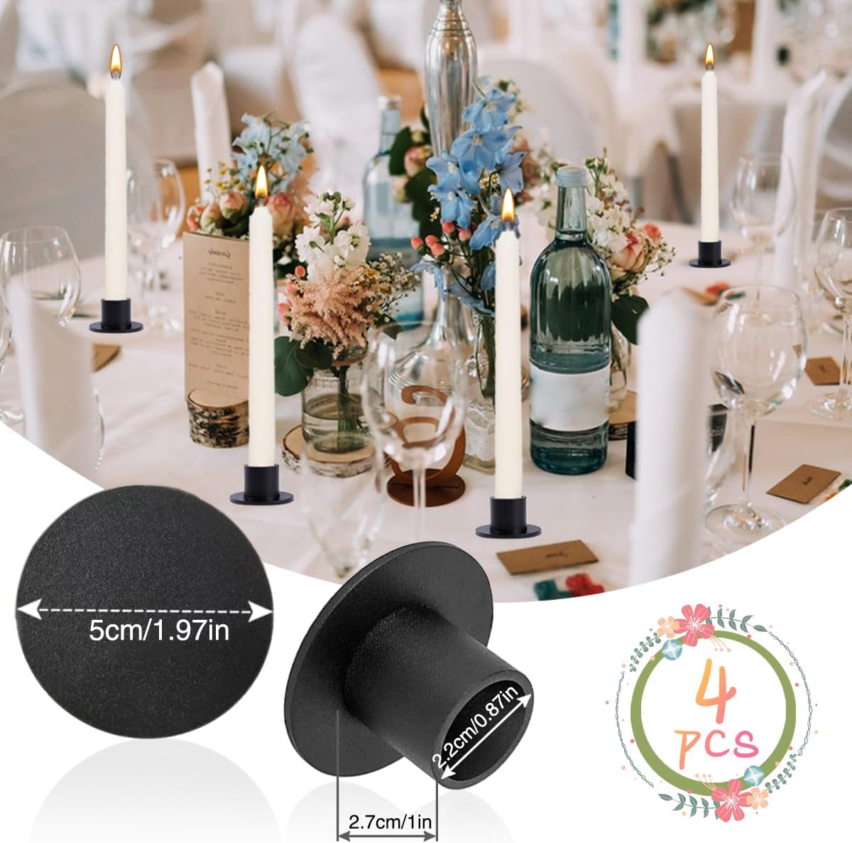 Skiennix Candle Holders - 4 PCS Matte Black Iron Candlestick Holders for Home Decor & Events
