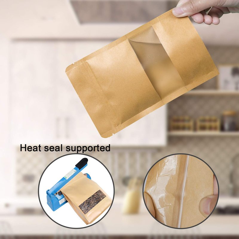 IDEALUX Stand Up Kraft Pouch Bags,Reusable Zip Lock Sealing and Notch Matte Transparent Window Bags, Resealable Zip Lock Food Storage Bag,9.5 x 5.5 + 2.36 Inches, Pack of 50