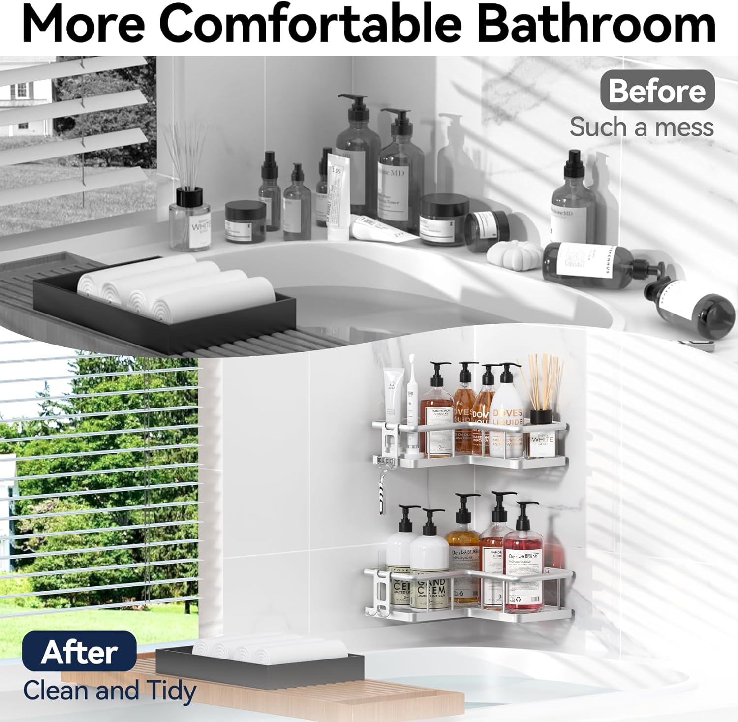 YASONIC Shower Caddy | 2-Pack Rustproof Stainless Steel Corner Shelves with Soap Holder - Silver
