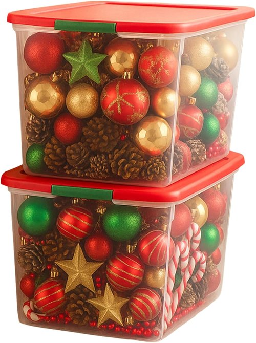 HOMZ Clear Plastic Storage Organizer Bins - 64 Quart Stackable Containers with Secure Latch & Red Lid