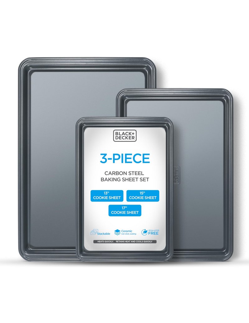 BLACK+DECKER 3-Piece Carbon Steel Baking Sheet Set, Includes 13”, 15”, 17” Cookie Sheets for Baking, 0.4mm Carbon Steel Baking Pans Set with Ceramic Non-Stick Coating, PFOA & PTFE Free, Black Finish
