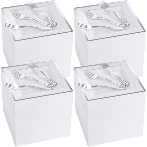 Gandeer 300 Pcs Square Plastic Plates with Forks Set Include 150 Disposable 6.5 Inch Dessert Plates Heavy Duty and 150 Plastic Appetizer Forks for 150 Guests Weddings Party Supplies(Silver)