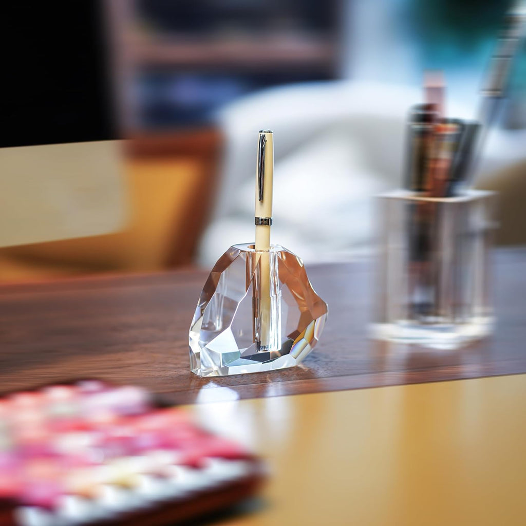 QFkris Crystal Heart Shaped Pen Holder - Elegant Glass Feather Desk Organizer | 3.5" Decorative Stand for Office